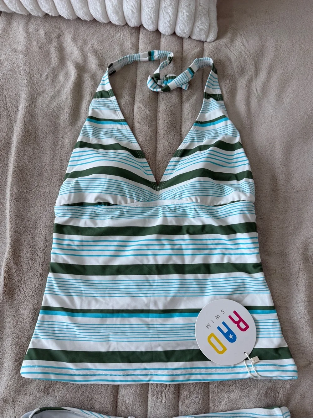 RAD Swim Kimber Tankini Set Size Large Green Blue Striped Boyshort Swimsuit